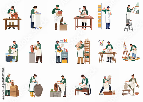 Foto Museum Workers and Art Restorers Repairing and Cataloging Ancient Pottery, Sculp