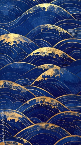 Luxurious deep blue and shimmering gold abstract wave pattern, a beautifully flowing and traditional graphic design for elegant backgrounds