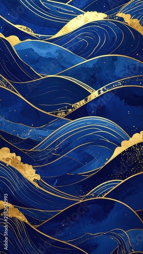 Dynamic Flow of Deep Blue Ocean Waves Adorned with Radiant Gold Strokes, a Luxurious Abstract Pattern Reflecting Nature's Opulence