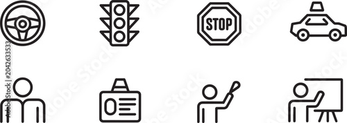 Cuadro en lienzo Traffic Road Safety Icons Set with Stop Sign, Traffic Light, Steering Wheel, Car