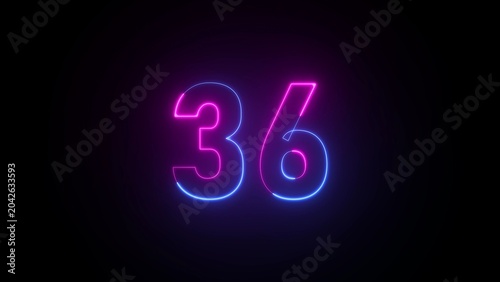 Fotografie Glowing Neon Number 36 on Black Background thirty six digit