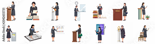 Schilderij op canvas Set of female legal professionals, judges, and lawyers in various courtroom and office scenarios representing law, justice, and professional legal services