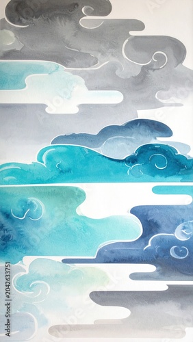 Abstract watercolor painting of ethereal clouds in calming shades of blue and gray, evoking a sense of tranquility and fluidity