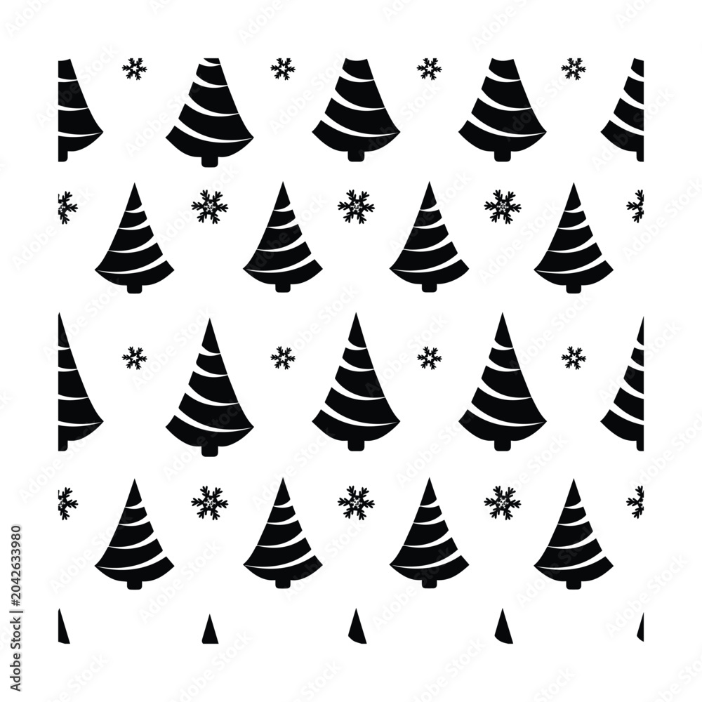 Obraz premium Modern christmas tree and snowflake silhouettes seamless pattern on white background.