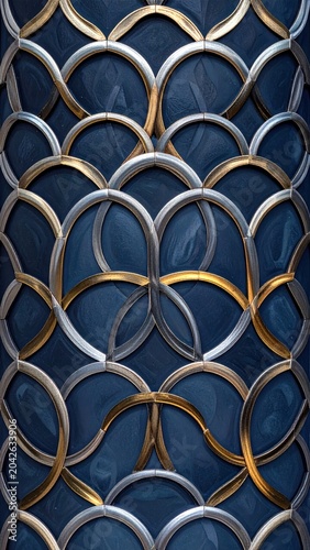 Intricate metallic design featuring interlocking gold and silver rings seamlessly arranged against a deep sapphire blue background, creating a luxurious and ornamental visual pattern
