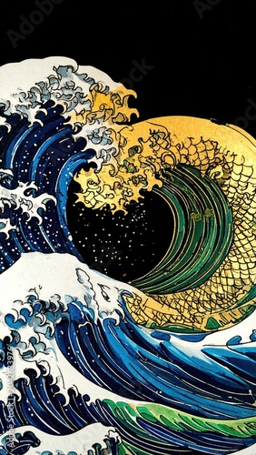A dynamic and powerful depiction of a colossal ocean wave, its crest illuminated with golden hues, set against a dark, star-speckled sky, evoking a sense of awe and the raw beauty of nature