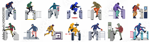 Foto Set of diverse characters in technical streetwear jumping over and interacting with metro station turnstiles in various dynamic poses