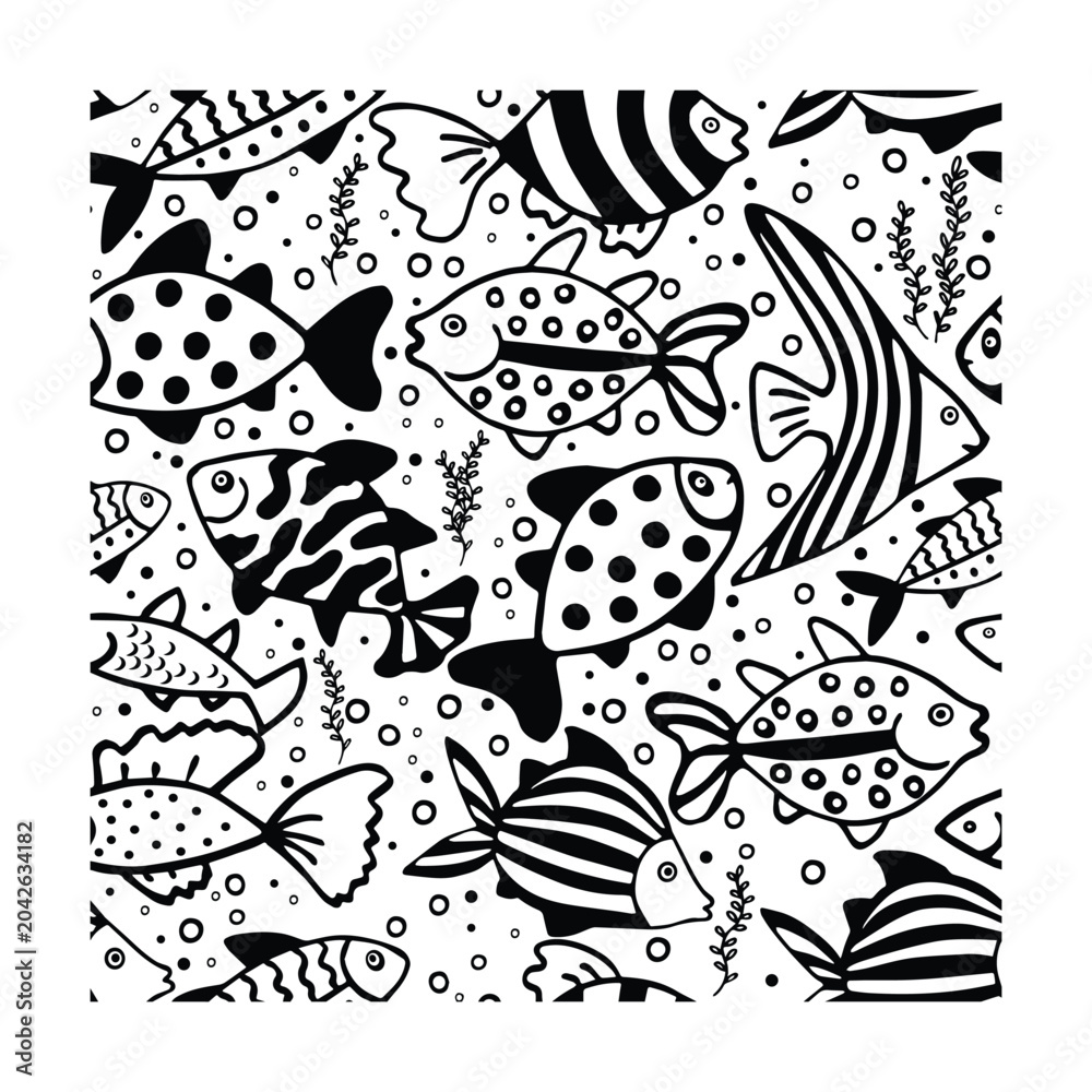 Fototapeta premium Seamless pattern with various cute cartoon fish, doodle style ocean background, hand drawn underwater marine life illustration.