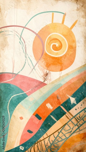 Abstract sunrise over a colorful, textured landscape with swirling lines and organic shapes, evoking a sense of warmth and natural beauty