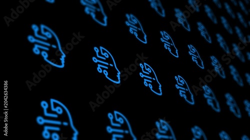 Glowing blue artificial intelligence circuit head icons in a digital grid background