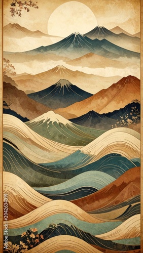 Artistic Interpretation of a Serene Japanese Mountain Landscape, Featuring Layered Peaks, Elegant Wavy Forms, and a Radiant Sun in a Timeless Illustration Style