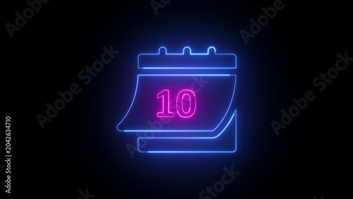 Neon calendar icon with number 10 in pink and blue on black background image photo