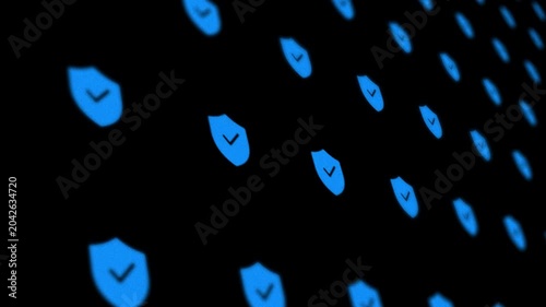 Glowing blue security shield icons with checkmarks in a digital grid background