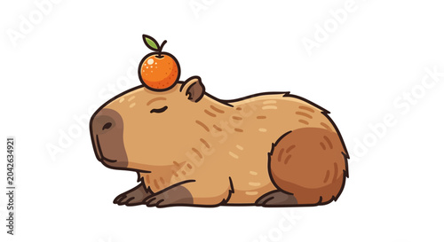 Bild auf Leinwand Cute Capybara with Orange on Head.