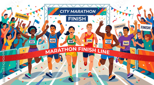 Diverse group of runners crossing the marathon finish line, celebrating victory, flat design vector illustration.