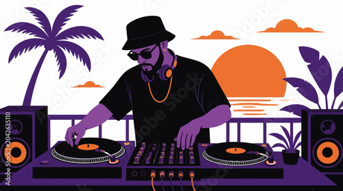 DJ playing music on turntables at sunset, tropical beach party concept, flat vector illustration