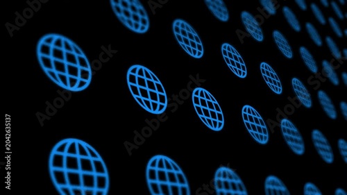 Global business technology network grid background with sliding camera perspective over glowing blue globe icons loop video