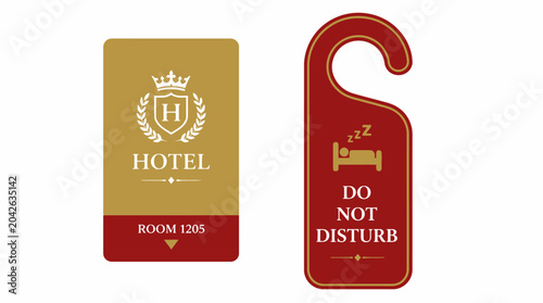 Foto Hotel door hanger and room tag with hotel logo and do not disturb sign