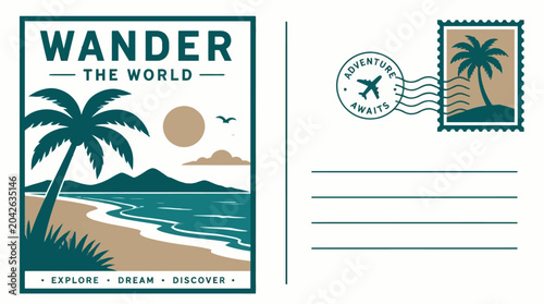 Retro postcard design with tropical beach scene and 
