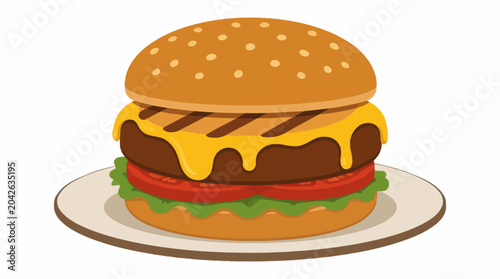 Colorful cartoon hamburger illustration on a plate, classic fast food graphic element.