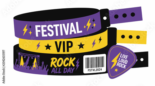 Fotografie Vector illustration of festival wristbands and guitar pick with rock music theme