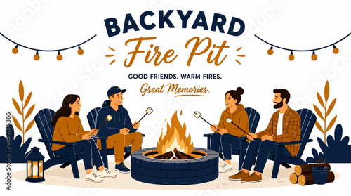 Cozy backyard fire pit scene with friends toasting marshmallows, flat design vector illustration.