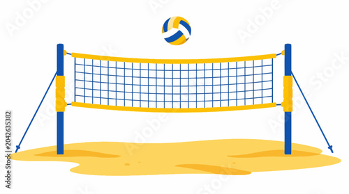 Beach volleyball court with net and ball, flat design vector illustration