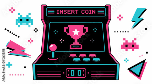Canvastavla Retro arcade game machine with trophy, lightning bolts, and pixel aliens, vector