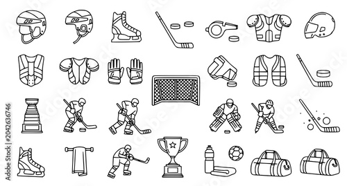 Canvas Print Comprehensive hockey equipment and action outline icon set vector illustration