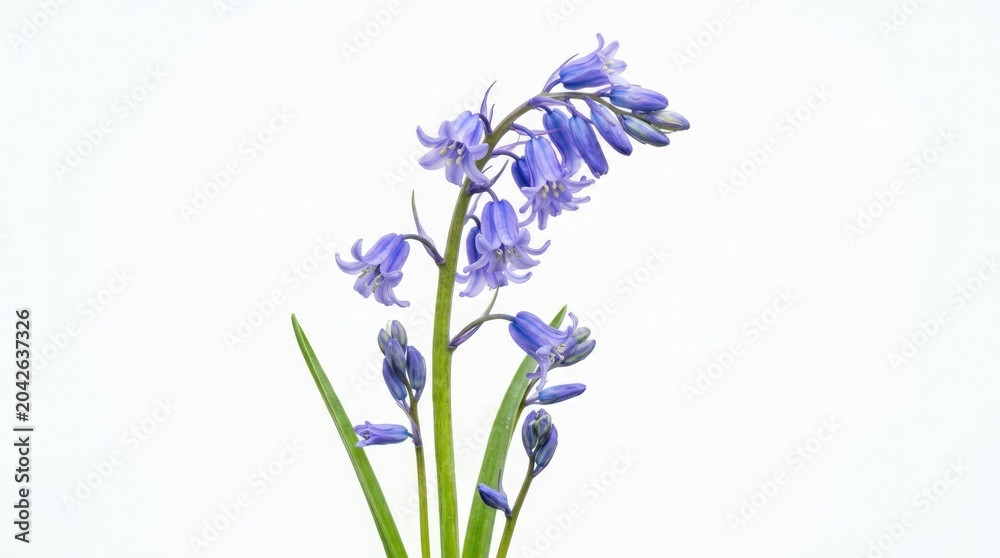 Obraz premium A single bluebell flower in bloom, showcasing its delicate purple-blue petals and green stem and leaves, set against a clean white backdrop