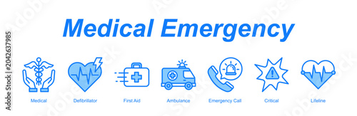 Fotografía Medical Emergency web banner icon concept for with icon of Medical, Defibrillator, First Aid, Ambulance, Emergency Call, Critical, Lifeline