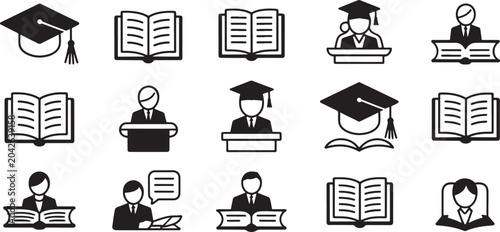 Fotografie Graduation Cap and Open Book Education Icons Set for Academic Study, Teaching, L