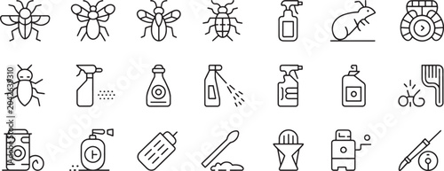 Fotografie Insect and Cleaning Spray Outline Icons Set with Bug Silhouettes, Bottle Sprayer