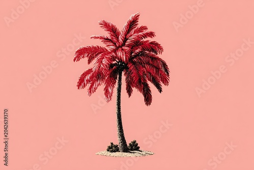 Single vibrant red palm tree with textured trunk on sandy island against coral pink background