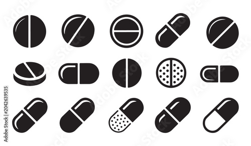 Foto Set of medical pill icons depicting different pharmacy capsule shapes for healthcare design