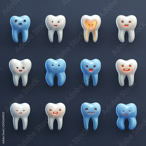 Twelve cute cartoon teeth with various expressions and colors on dark blue background