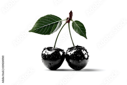 Two glossy black cherries with water droplets and green leaves on white cherry fruit
