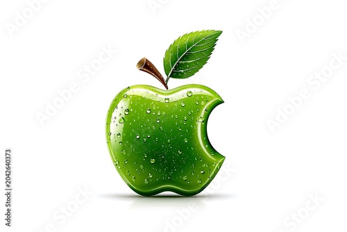 Vibrant green apple with water droplets and a single leaf on white background fruit