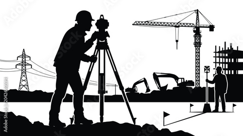 Professional land surveyor using a total station instrument to measure construction site dimensions while standing on a rocky terrain against a bright white background silhouette view
