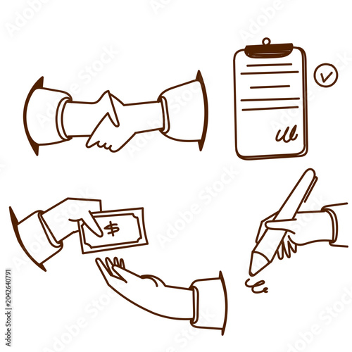 Hand Drawn Doodle Set of Business Agreement, Partnership, and Financial Transaction Concept