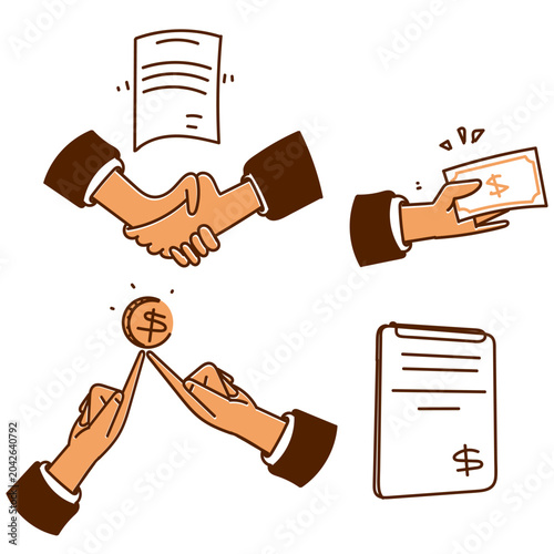 Hand Drawn Doodle Set of Business Agreement, Partnership, and Financial Transaction Concept