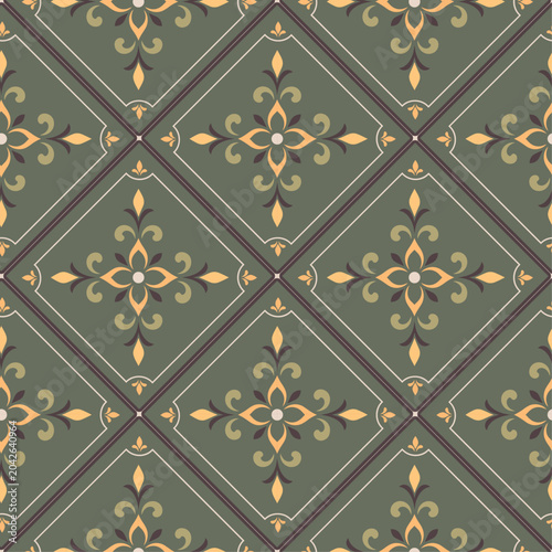 Olive Vintage Floral Tile Seamless Pattern Classic Ornamental Wallpaper