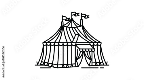 Detailed striped circus tent with flags line art.