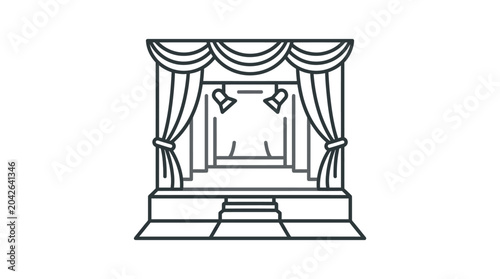 Empty theater stage with open curtains and spotlights.