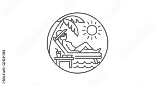 Foto Woman sunbathing on tropical beach line icon.