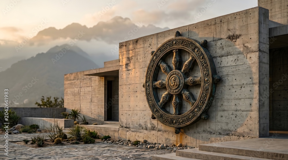 Obraz premium Dharma Wheel Carved in Stone on a Traditional Wall