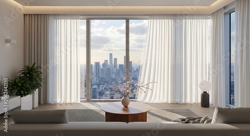 Modern living room with panoramic city view through large windows