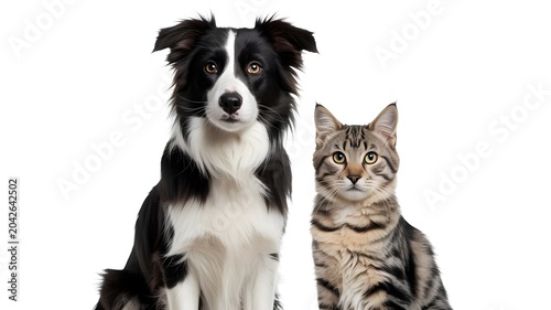 Border Collie Dog and Tabby Cat Sitting Together on White Background, Studio Portrait of Domestic Pets, Animal Friendship and Veterinary Care Concept, Isolated Cutout Style