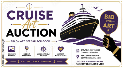 Foto Cruise Art Auction banner with ship, gavel, art icons, date, and website