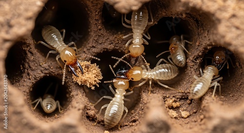 Macro shot of termites working inside their underground mound